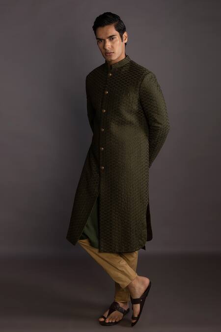 Buy_Gram Of Ink_Green Silk, Cotton, Lycra Embroidery Mosaic Achkan Set