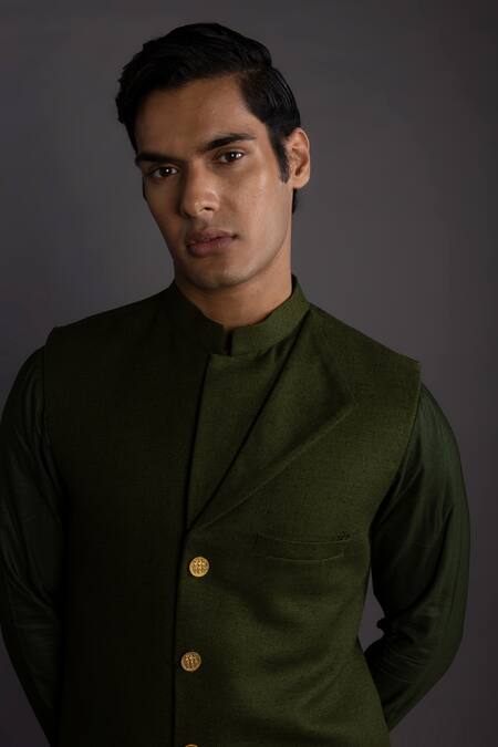 Shop_Gram Of Ink_Green Bundi  Matka Silk Flap Collar And Kurta Set_Online_at_Aza_Fashions