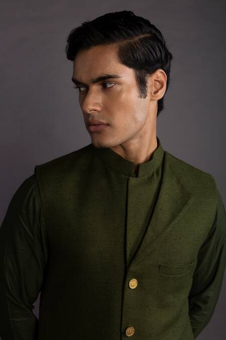 Gram Of Ink_Green Bundi  Matka Silk Flap Collar And Kurta Set_at_Aza_Fashions