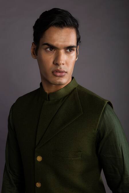 Buy_Gram Of Ink_Green Bundi  Matka Silk Flap Collar And Kurta Set