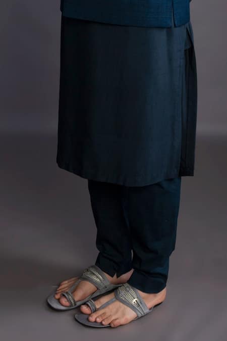 Shop Gram Of Ink Blue Bundi Matka Silk Embroidery Thread Wave Pattern And Kurta Set Online at Aza Fashions Shop_Gram Of Ink_Blue Bundi Matka Silk Embroidery Thread Wave Pattern And Kurta Set_Online_at_Aza_Fashions