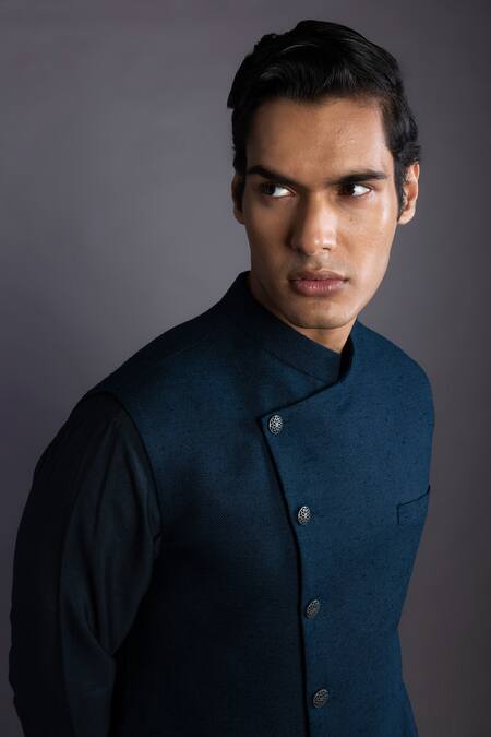 GRAM OF INK_Blue Bundi  Matka Silk Diagonal And Kurta Set_Online_at_Aza_Fashions