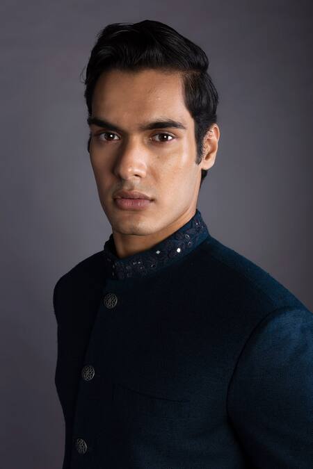 Gram Of Ink_Blue Jacket  Matka Silk Embroidery Thread Collar Set_Online_at_Aza_Fashions