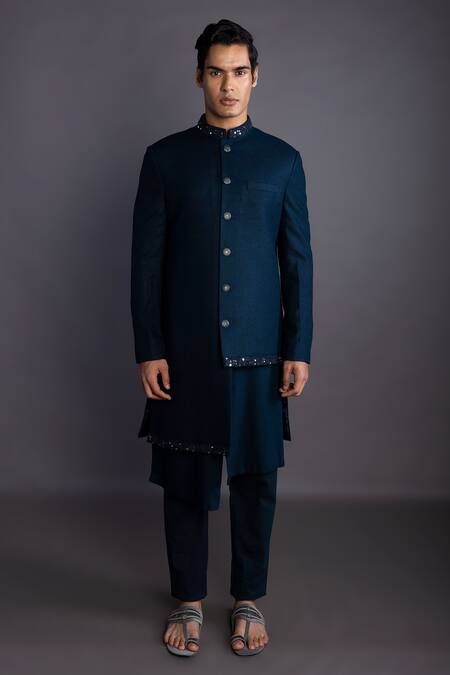 Buy_Gram Of Ink_Blue Jacket  Matka Silk Embroidery Thread Collar Set_Online_at_Aza_Fashions