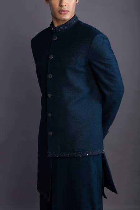 Shop_Gram Of Ink_Blue Jacket  Matka Silk Embroidery Thread Collar Set_Online_at_Aza_Fashions