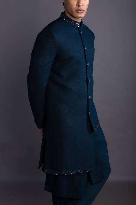 Gram Of Ink_Blue Jacket  Matka Silk Embroidery Thread Collar Set_at_Aza_Fashions