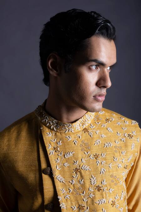 Gram Of Ink_Yellow Bundi - Tgn Silk Embroidery Thread Floral And Kurta Set_Online_at_Aza_Fashions