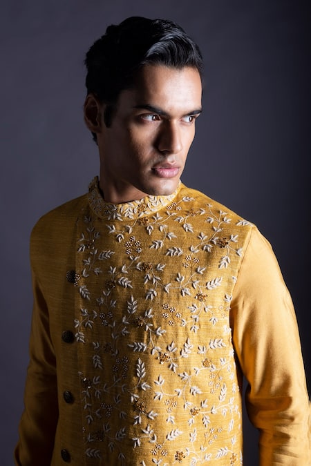 Shop_Gram Of Ink_Yellow Bundi - Tgn Silk Embroidery Thread Floral And Kurta Set_Online_at_Aza_Fashions