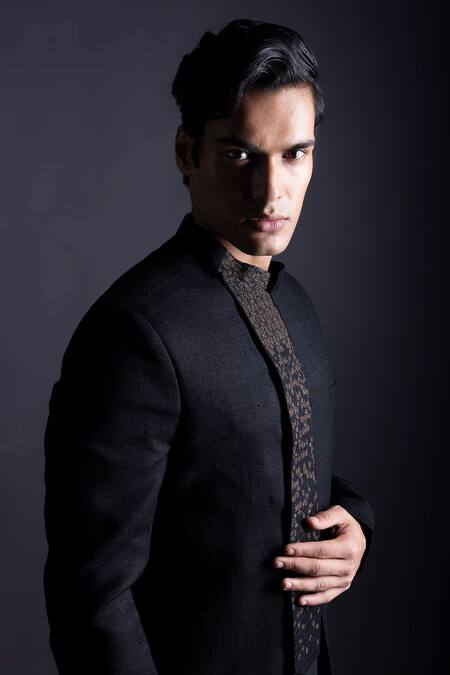 Gram Of Ink Black Jacket Matka Silk Embroidery Thread Dawn Centre Front Set Online at Aza Fashions Gram Of Ink_Black Jacket Matka Silk Embroidery Thread Dawn Centre Front Set_Online_at_Aza_Fashions