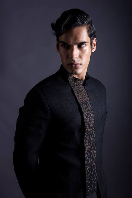 Buy Gram Of Ink Black Jacket Matka Silk Embroidery Thread Dawn Centre Front Set Online at Aza Fashions Buy_Gram Of Ink_Black Jacket Matka Silk Embroidery Thread Dawn Centre Front Set_Online_at_Aza_Fashions