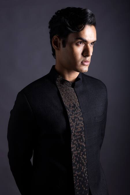 Shop Gram Of Ink Black Jacket Matka Silk Embroidery Thread Dawn Centre Front Set Online at Aza Fashions Shop_Gram Of Ink_Black Jacket Matka Silk Embroidery Thread Dawn Centre Front Set_Online_at_Aza_Fashions