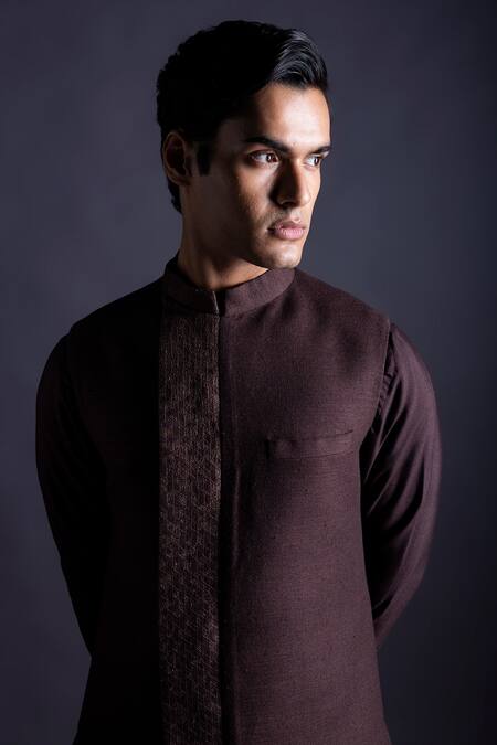 Buy_Gram Of Ink_Brown Bundi - Matka Silk Embroidery Thread And Kurta Set_Online_at_Aza_Fashions