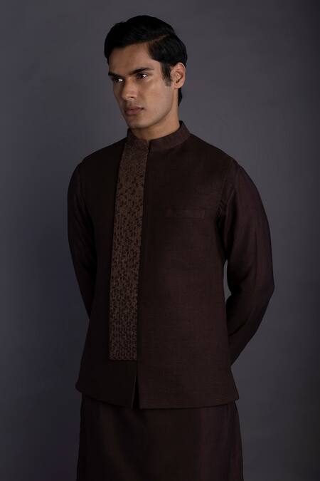 Gram Of Ink_Brown Bundi - Matka Silk Embroidery Thread And Kurta Set_at_Aza_Fashions