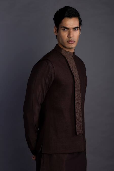 Shop_Gram Of Ink_Brown Bundi - Matka Silk Embroidery Thread And Kurta Set