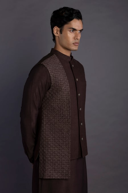Buy_Gram Of Ink_Brown Bundi - Matka Silk Embroidery Thread Kurta Set_Online_at_Aza_Fashions
