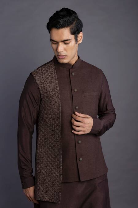 Shop_Gram Of Ink_Brown Bundi - Matka Silk Embroidery Thread Kurta Set_Online_at_Aza_Fashions