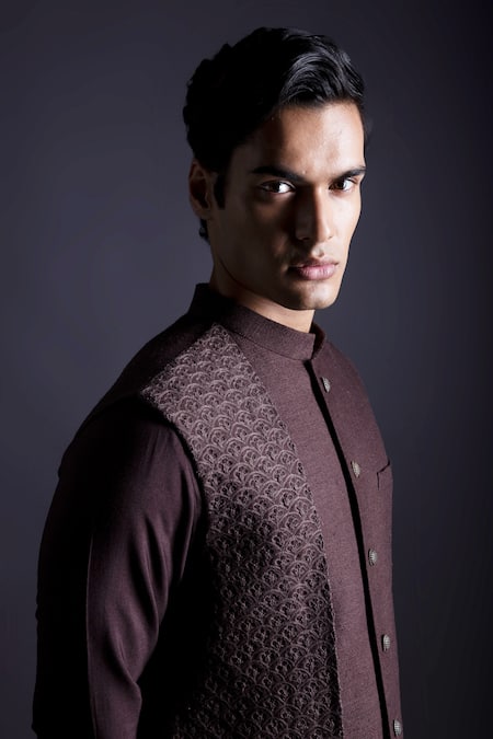 Gram Of Ink_Brown Bundi - Matka Silk Embroidery Thread Kurta Set_at_Aza_Fashions