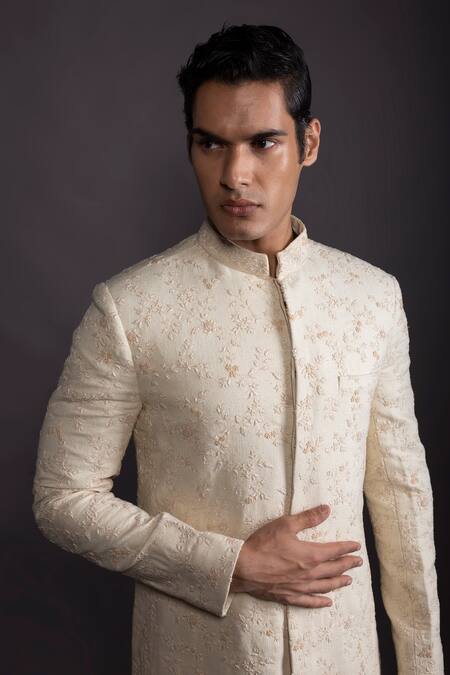 Gram Of Ink Off White Silk Embroidery Forest Floral Sherwani Set Online at Aza Fashions Gram Of Ink_Off White Silk Embroidery Forest Floral Sherwani Set_Online_at_Aza_Fashions