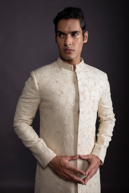 Buy Gram Of Ink Off White Silk Embroidery Forest Floral Sherwani Set Online at Aza Fashions Buy_Gram Of Ink_Off White Silk Embroidery Forest Floral Sherwani Set_Online_at_Aza_Fashions
