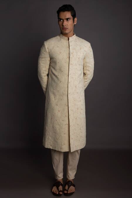 Shop Gram Of Ink Off White Silk Embroidery Forest Floral Sherwani Set Online at Aza Fashions Shop_Gram Of Ink_Off White Silk Embroidery Forest Floral Sherwani Set_Online_at_Aza_Fashions