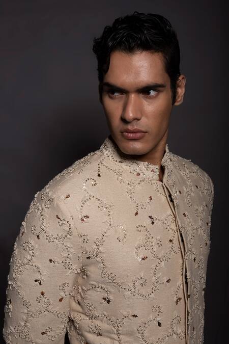 Gram Of Ink_Off White Silk Embroidery Kadai Sherwani Set_Online_at_Aza_Fashions
