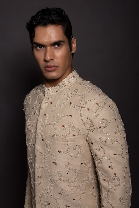 Buy_Gram Of Ink_Off White Silk Embroidery Kadai Sherwani Set_Online_at_Aza_Fashions