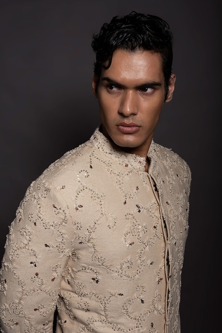Shop_Gram Of Ink_Off White Silk Embroidery Kadai Sherwani Set_Online_at_Aza_Fashions