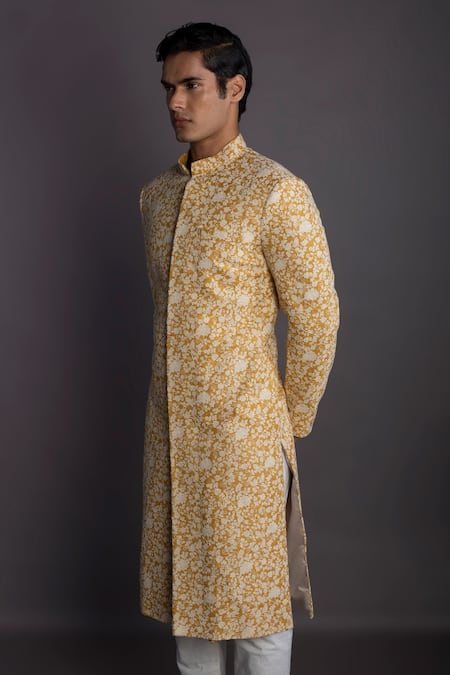 Gram Of Ink_Yellow Silk, Taffeta, Cotton Embroidery Cord Sherwani Set_Online_at_Aza_Fashions