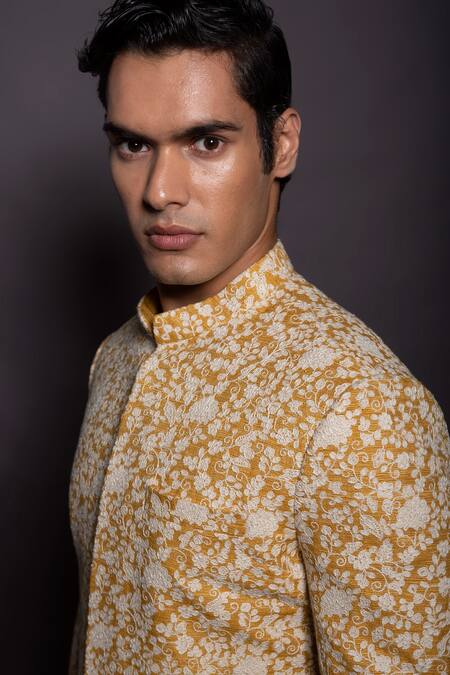 Buy_Gram Of Ink_Yellow Silk, Taffeta, Cotton Embroidery Cord Sherwani Set_Online_at_Aza_Fashions