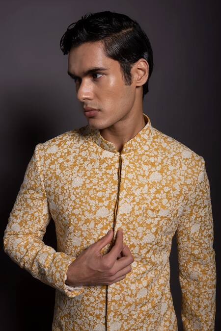 Shop_Gram Of Ink_Yellow Silk, Taffeta, Cotton Embroidery Cord Sherwani Set_Online_at_Aza_Fashions