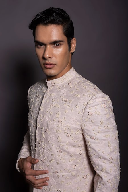 Gram Of Ink Pink Silk, Tissue Embroidery Spring Sherwani Set Online at Aza Fashions Gram Of Ink_Pink Silk, Tissue Embroidery Spring Sherwani Set_Online_at_Aza_Fashions