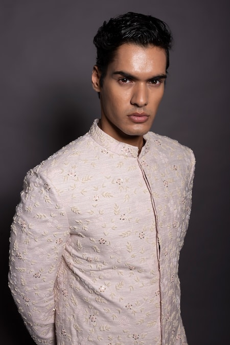 Shop Gram Of Ink Pink Silk, Tissue Embroidery Spring Sherwani Set Online at Aza Fashions Shop_Gram Of Ink_Pink Silk, Tissue Embroidery Spring Sherwani Set_Online_at_Aza_Fashions