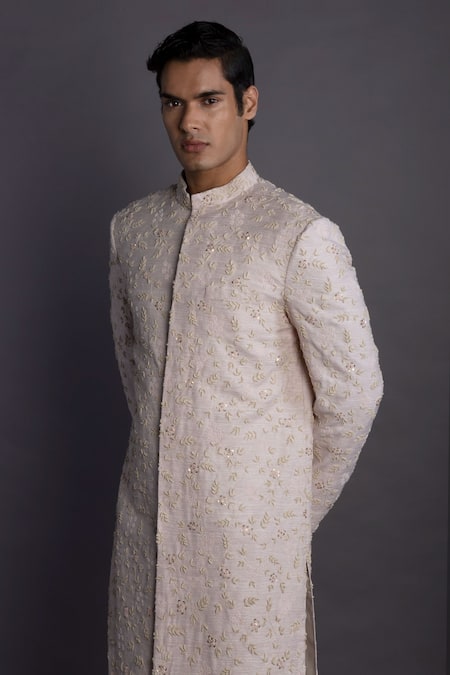 Gram Of Ink Pink Silk, Tissue Embroidery Spring Sherwani Set at Aza Fashions Gram Of Ink_Pink Silk, Tissue Embroidery Spring Sherwani Set_at_Aza_Fashions