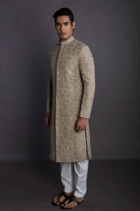 Gram Of Ink_Beige Silk, Cotton Embroidery Floral Sherwani Set_Online_at_Aza_Fashions