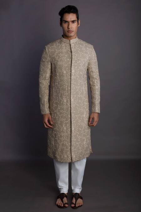Buy_Gram Of Ink_Beige Silk, Cotton Embroidery Floral Sherwani Set_Online_at_Aza_Fashions