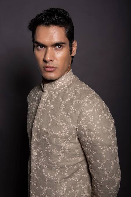 Gram Of Ink_Beige Silk, Cotton Embroidery Floral Sherwani Set_at_Aza_Fashions