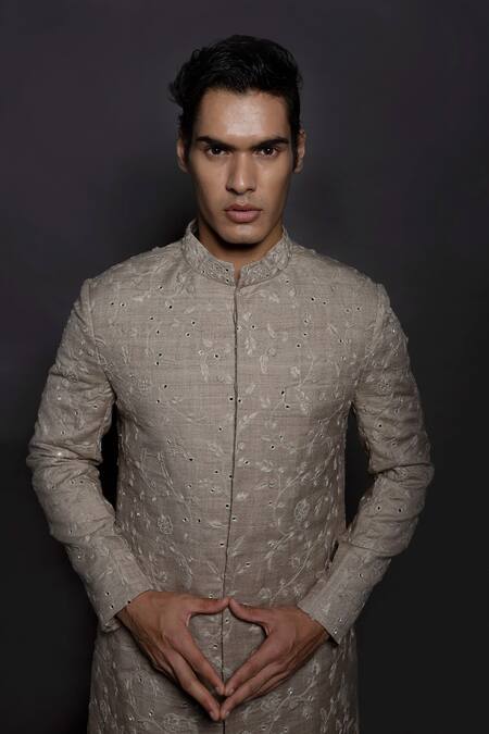 GRAM OF INK_Beige Matka Silk Embroidery Thread Mirror Work Sherwani Set_Online_at_Aza_Fashions