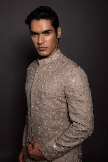 Buy_GRAM OF INK_Beige Matka Silk Embroidery Thread Mirror Work Sherwani Set_Online_at_Aza_Fashions