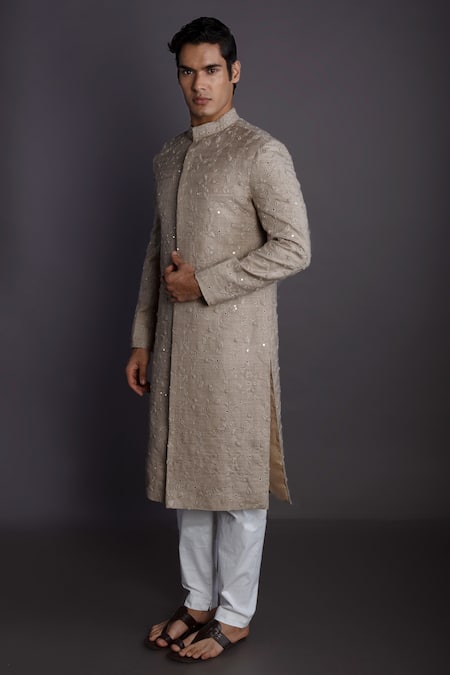 Shop_GRAM OF INK_Beige Matka Silk Embroidery Thread Mirror Work Sherwani Set_Online_at_Aza_Fashions