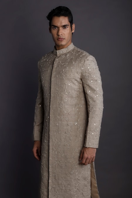 GRAM OF INK_Beige Matka Silk Embroidery Thread Mirror Work Sherwani Set_at_Aza_Fashions