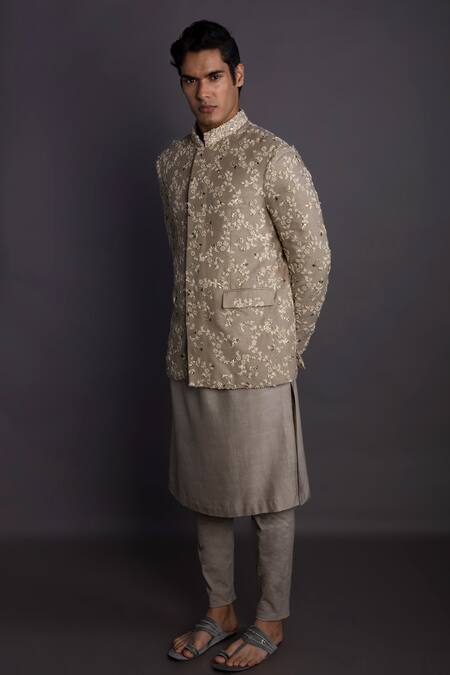Gram Of Ink_Beige Jersey, Silk, Cotton, Lycra Embroidery, Floral Jodhpuri Jacket Set_Online_at_Aza_Fashions
