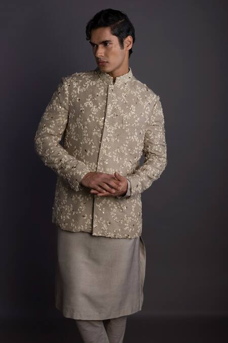 Buy_Gram Of Ink_Beige Jersey, Silk, Cotton, Lycra Embroidery, Floral Jodhpuri Jacket Set_Online_at_Aza_Fashions
