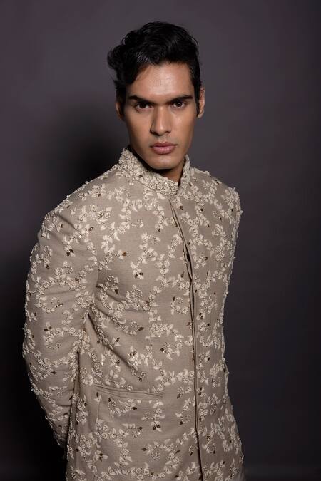 Shop_Gram Of Ink_Beige Jersey, Silk, Cotton, Lycra Embroidery, Floral Jodhpuri Jacket Set_Online_at_Aza_Fashions