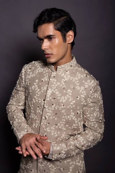 Gram Of Ink_Beige Jersey, Silk, Cotton, Lycra Embroidery, Floral Jodhpuri Jacket Set_at_Aza_Fashions