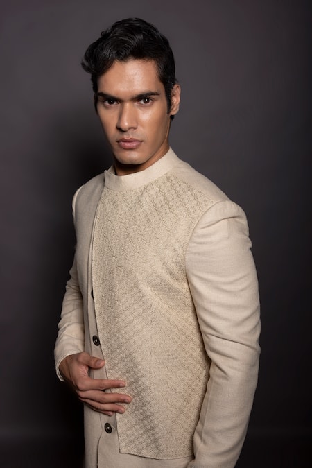 Gram Of Ink Off White Jacket And Pant - Matka & Kurta - Katan Panel & Set Online at Aza Fashions Gram Of Ink_Off White Jacket And Pant - Matka & Kurta - Katan Panel & Set_Online_at_Aza_Fashions