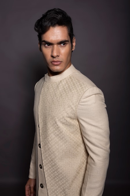 Shop Gram Of Ink Off White Jacket And Pant - Matka & Kurta - Katan Panel & Set Online at Aza Fashions Shop_Gram Of Ink_Off White Jacket And Pant - Matka & Kurta - Katan Panel & Set_Online_at_Aza_Fashions