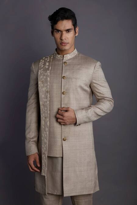Buy_Gram Of Ink_Beige Jacket And Pant- Matka & Kurta - Katan Collar Panelled Set_Online_at_Aza_Fashions