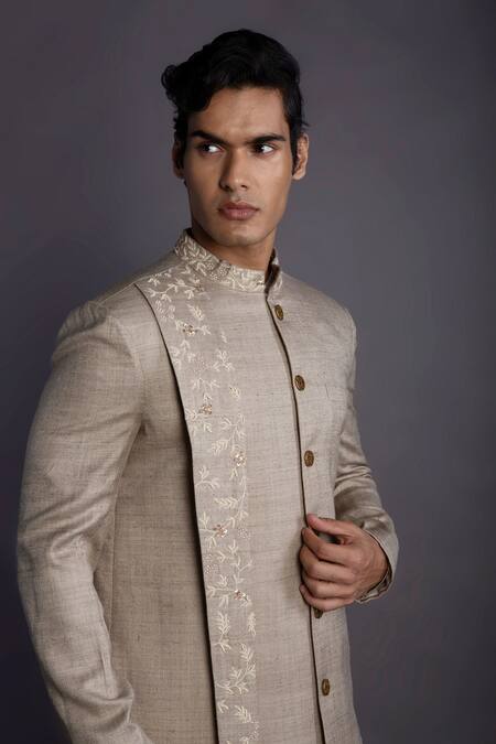 Shop_Gram Of Ink_Beige Jacket And Pant- Matka & Kurta - Katan Collar Panelled Set_Online_at_Aza_Fashions