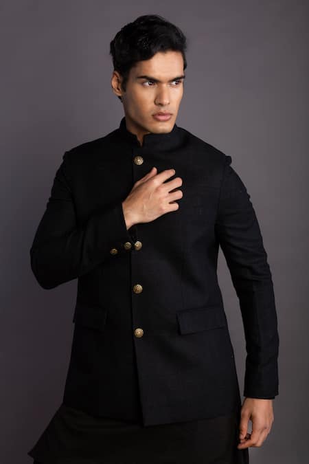 Shop_Gram Of Ink_Black Silk, Cotton, Kota Doria Solid Bandhgala With Cowl Pant_Online_at_Aza_Fashions