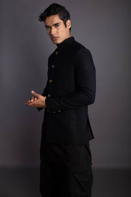 Gram Of Ink_Black Silk, Cotton, Kota Doria Solid Bandhgala With Cowl Pant_at_Aza_Fashions